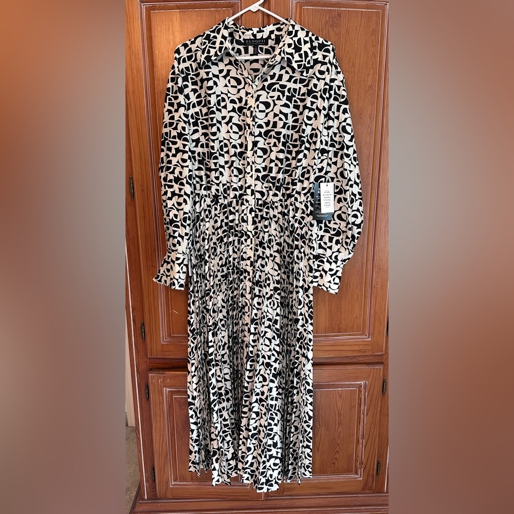 Eloquii Black and White Geometric Long Sleeve Dress